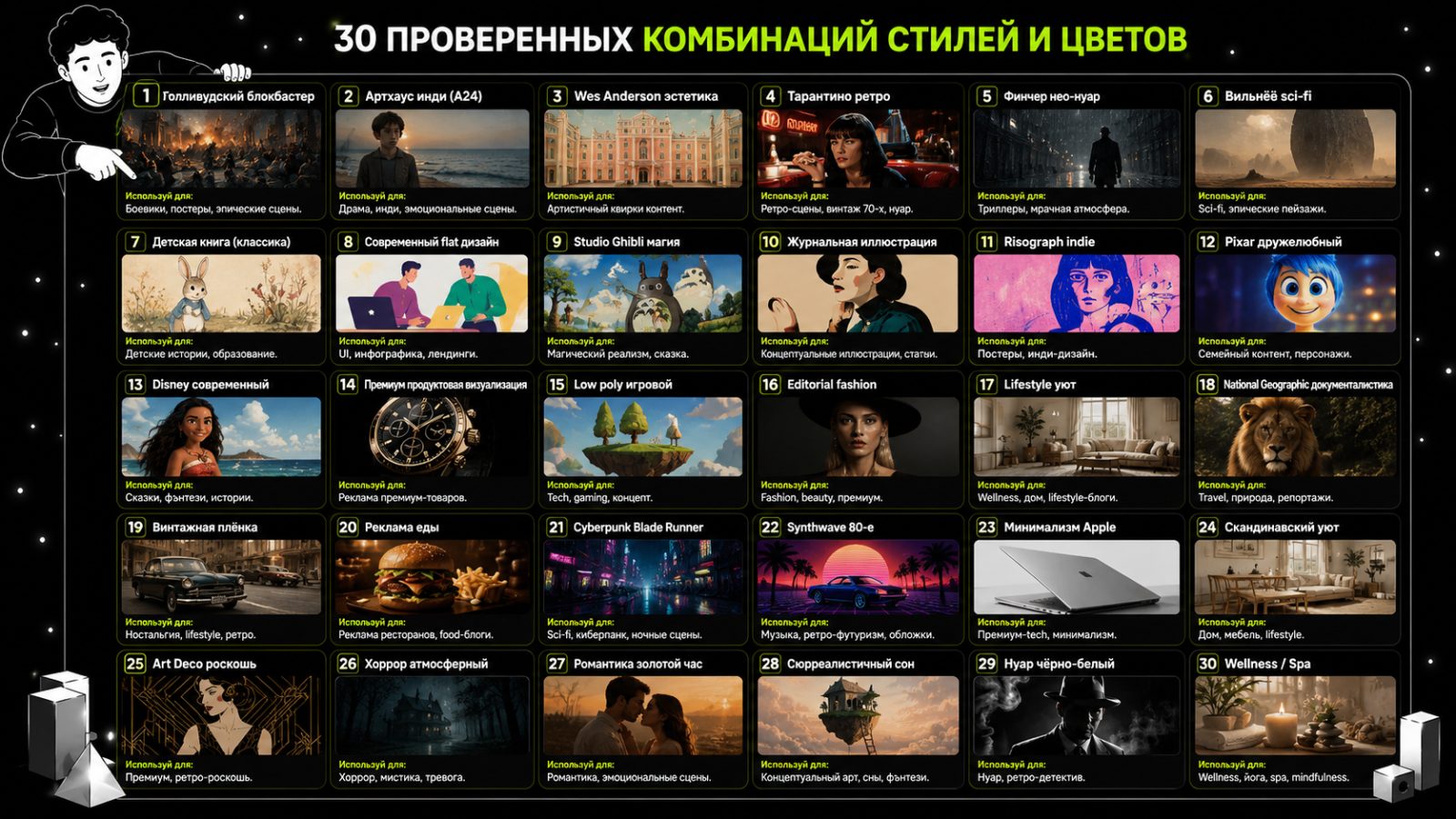 30 комбинаций стилей видео и изображений: полный гайд для контент-мейкеров