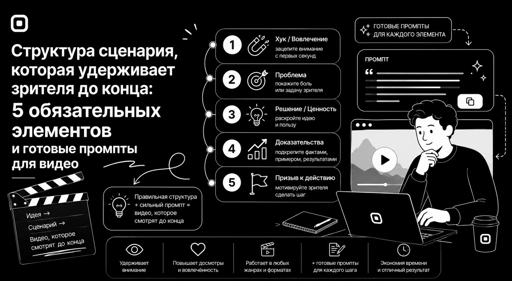 Структура сценария, которая удерживает зрителя до конца: 5 обязательных элементов и готовые промпты для видео